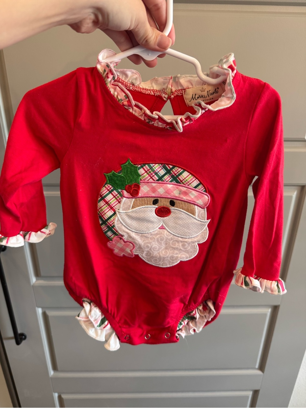 Mimi & Maggie Red Santa Applique Ruffle Trim Baby Bodysuit bubble